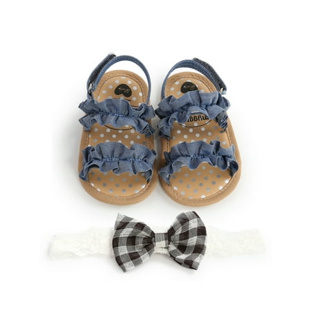 

Suanret Infants Newborn Baby Girls Summer Sandals Anti-Slip Soft Sole Ruffle Flat Shoes Toddler First Walker Blue Shoes + Headband 6-12 Months