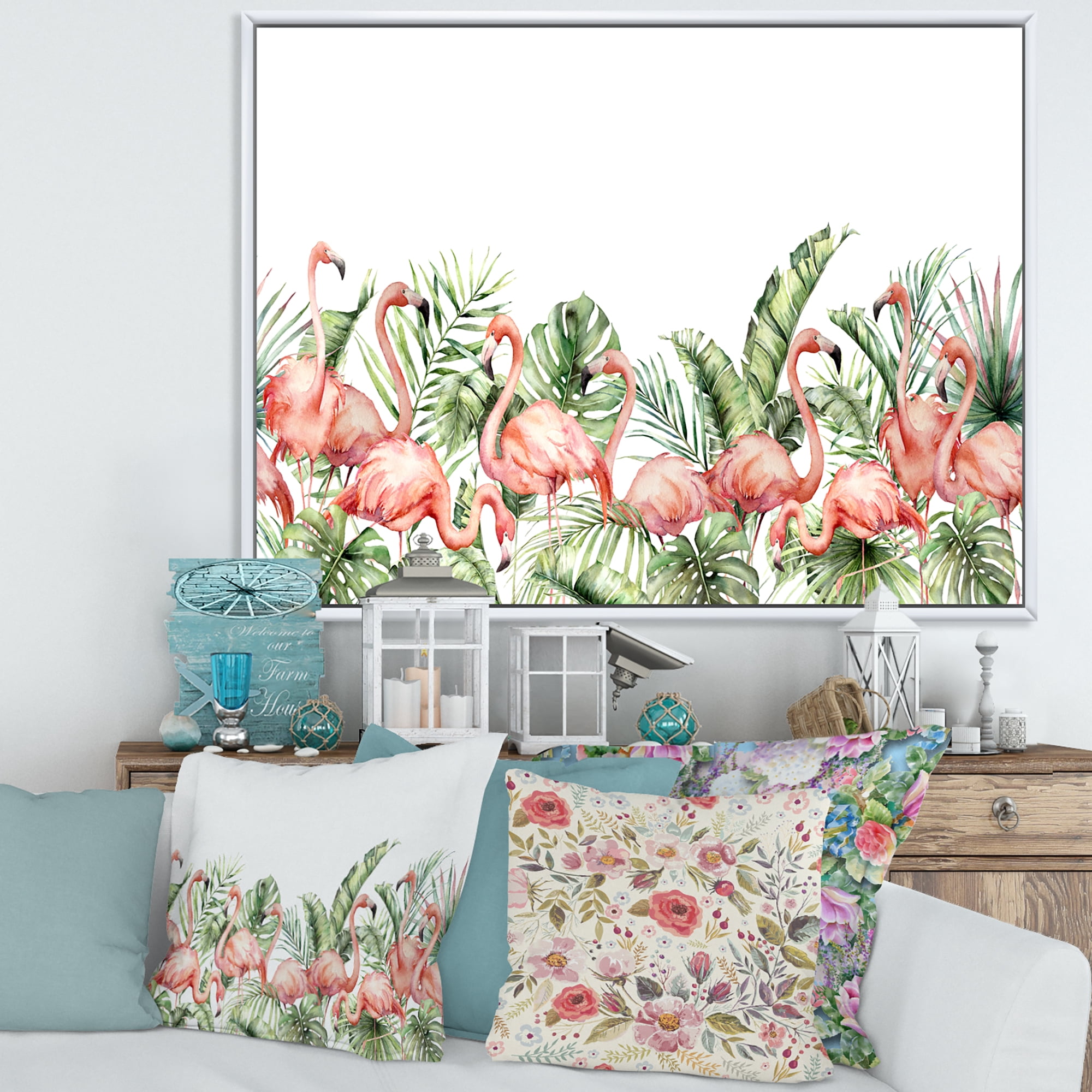 Designart 'Palm Leaves and Pink Flamingos Tropical Birds' Traditional Framed Canvas Wall Art Print