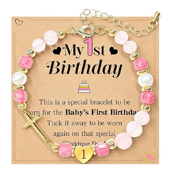 Baby Girl 1st Birthday Bracelet with Pink and White Beads, Number 1 Heart Charm and Cross Accent, Adjustable Keepsake Gift with First Birthday Message Card