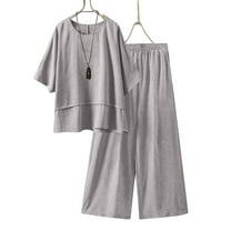 Sevevn Women Summer Loose Casual Solid Color And Linen 3/4 Sleeved Tops Pants Outwear Set Gift for Girls Gray XXXXXL