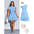thumbnail image 3 of Baby Blue Womens One Shoulder Knit Ruched Double Ruffle Mini Dress For Party Or Daytime Wear, 3 of 7