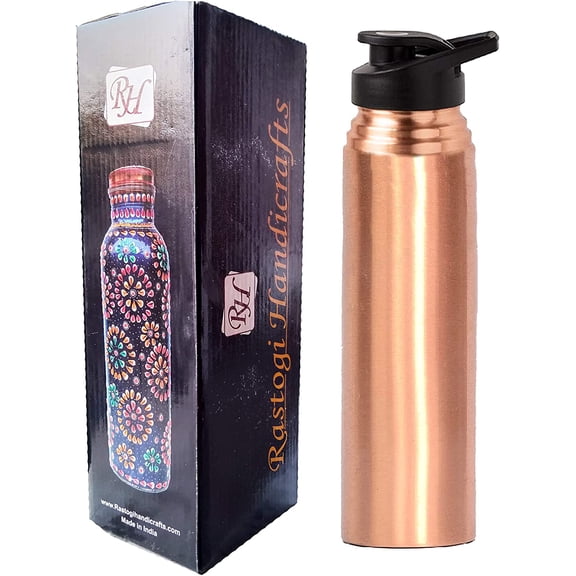 Rastogi Handicrafts Copper water bottle joint free leak proof 900 ml Pure Copper - Solid Copper Yoga Health Benefit