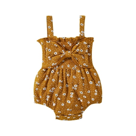 

Suanret Summer Newborn Ribbed Bodysuit Infant Baby Girls Sleeveless Flower Dot Print Romper with Bow Caramel 6-12 Months