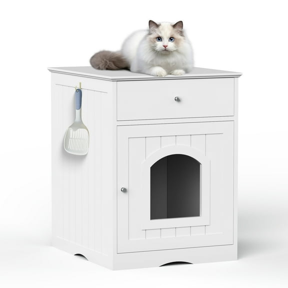 Izzovium Wooden Cat Litter Box Enclosure with Drawer, 18.9" W x 20.9" D x 25" H, Multi-Functional Side Table & Nightstand, White