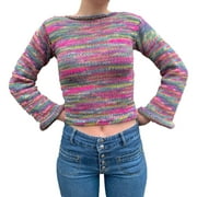 Women Rainbow Aesthetic Fitted Bell Long Sleeve Rainbow Striped Knit Crop Top Pullover Sweater