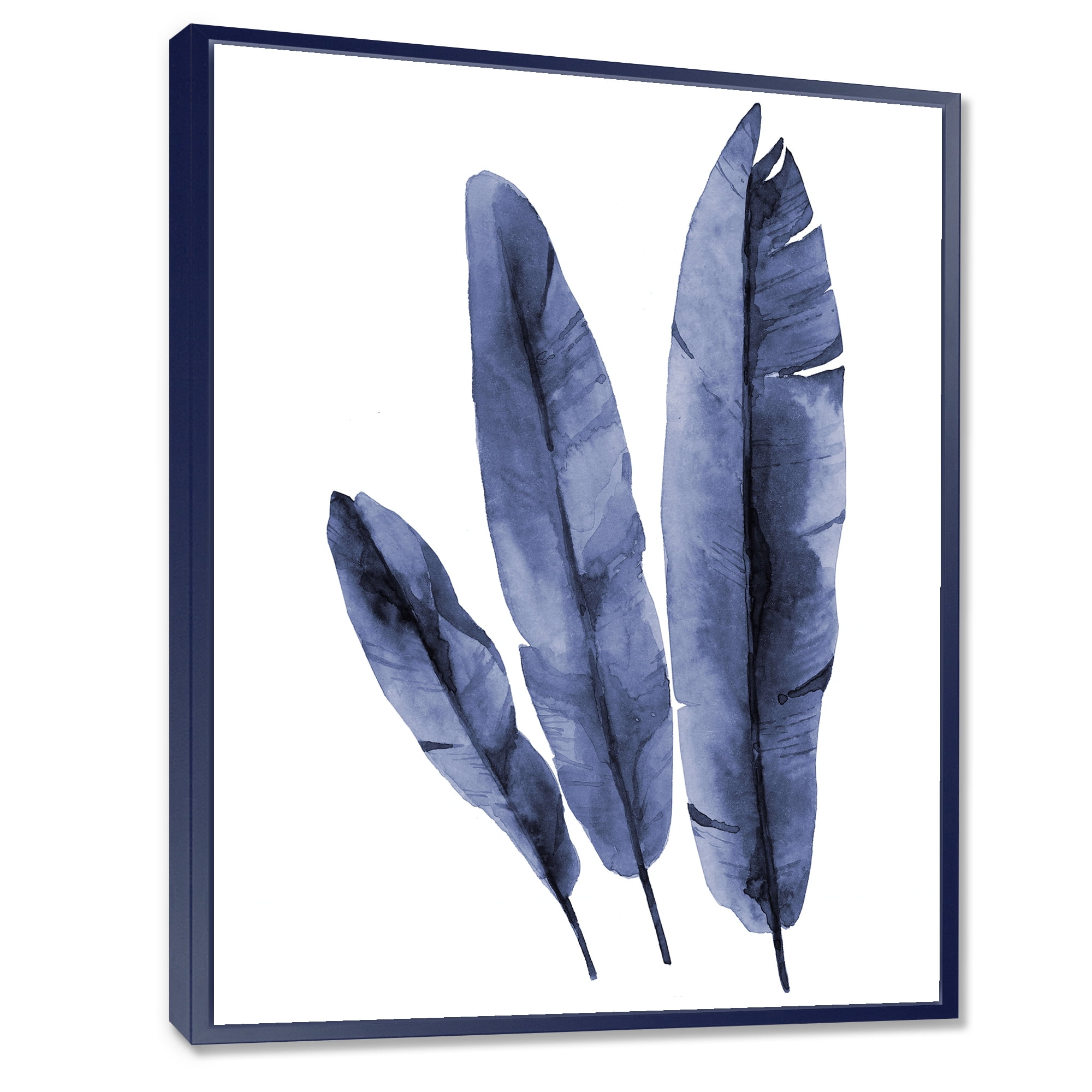 Designart 'Navy Blue Tropical Banana Leaves On White' Tropical Framed Canvas Wall Art Print