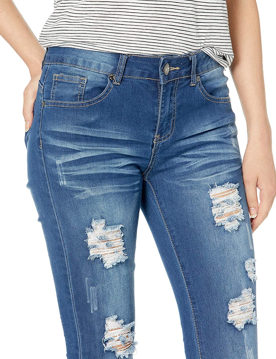 Cute Teen Girl Size Cute Mid Rise Waisted Ripped Torn Skinny Juniors, COP Blue Distressed, JR Plus 14 - image 4 of 4