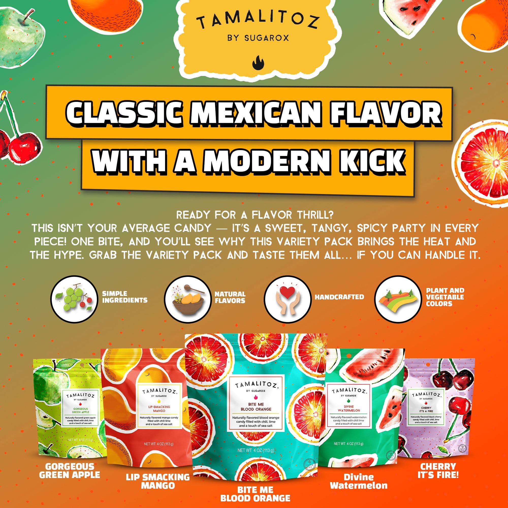 Variety pack 5 flavors Tamalitoz - Mango, Watermelon, Tamarind, Cucumber, Pineapple