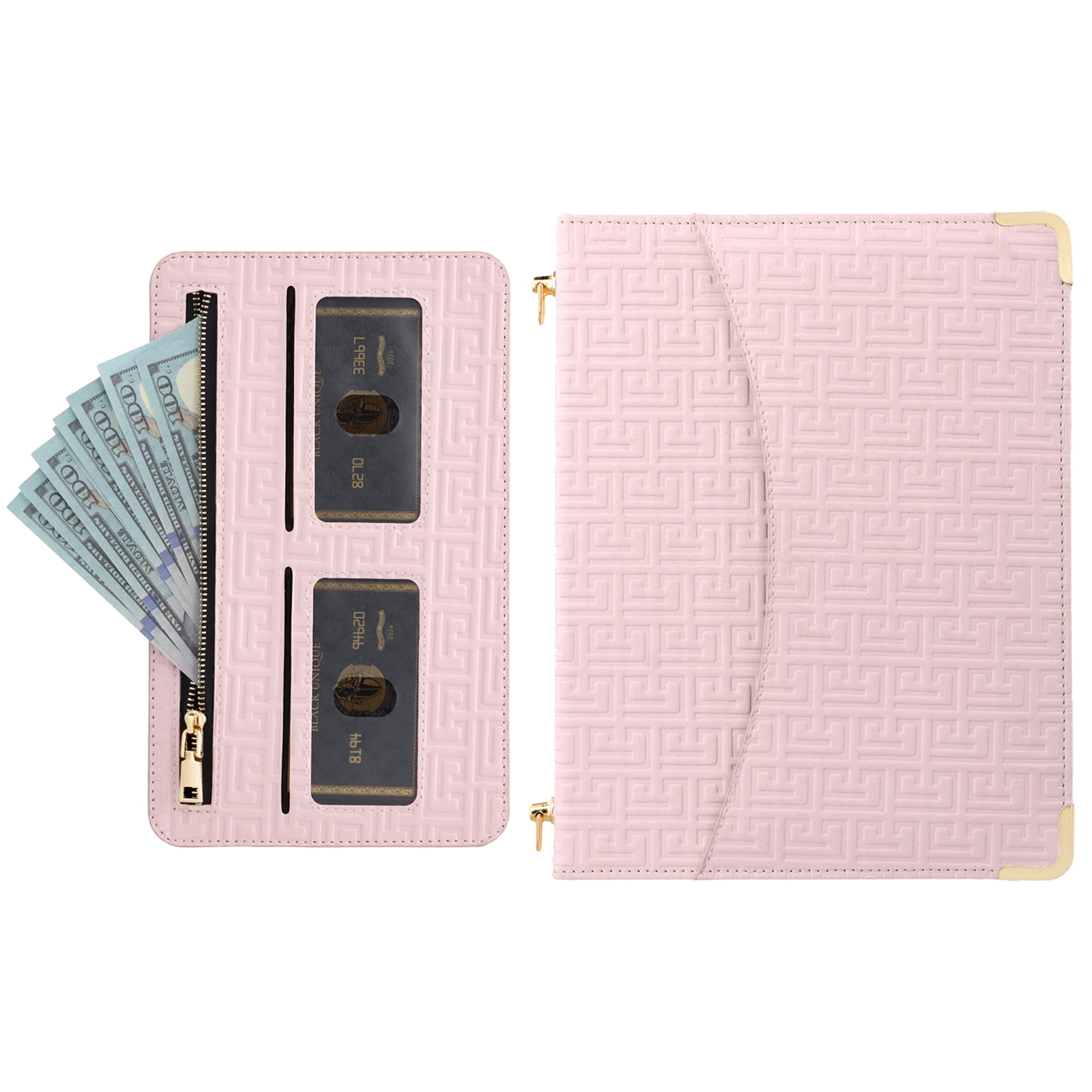 for iPad Air 11 2024/Pro 11 2022 2021 2020 2018/Air 4/Air 5, Protective Folio Case with Card Slots & Zipper Pocket & Pencil Holder, Stand Wallet PU Leather Portable Crossbody Strap Cover, Pink