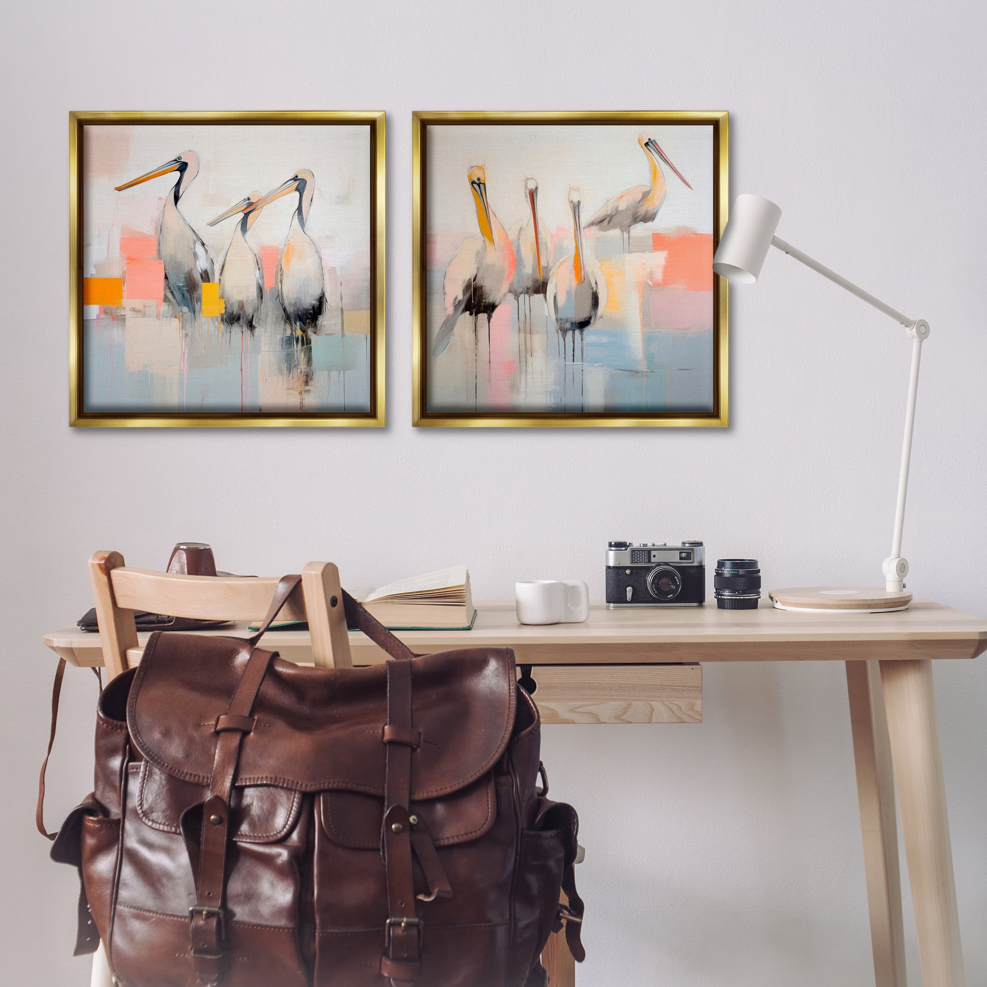 Stupell Industries Abstract Pelican Bird Animals Painting Gold Floater Framed Canvas Art Print Wall Art, 25 x 25, Set of 2