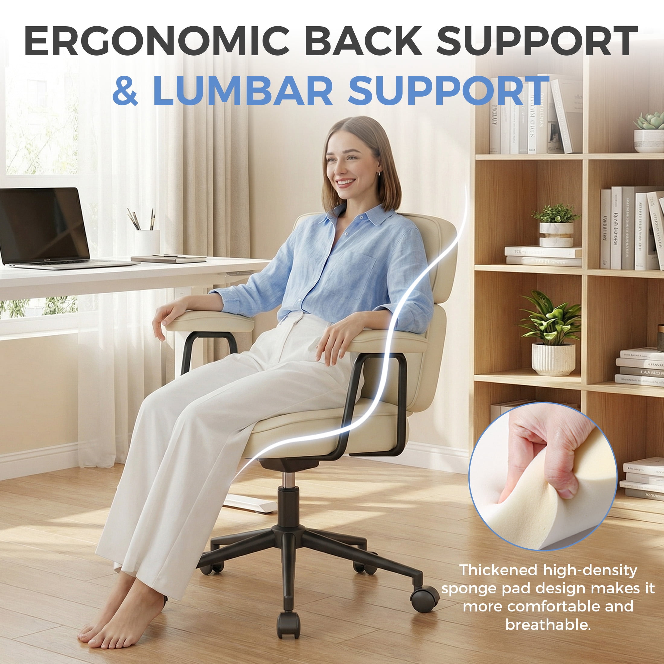 CONCETTA Ergonomic Office Chair, Soft PU Leather Adjustable Task Chair with Lumbar Support and 360° Swivel, Beige