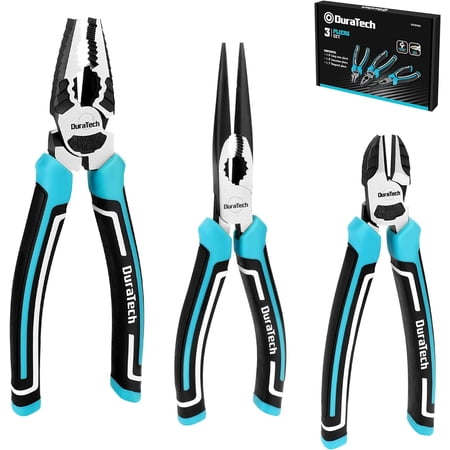 DURATECH 3PCS Plier Set, Premium Cr-V Construction, Including 8" Needle Nose Pliers, 8" Linesman Pliers and 7" Diagonal Cutting Pliers, Bi-material Handle, for Plumbing, and General Applications