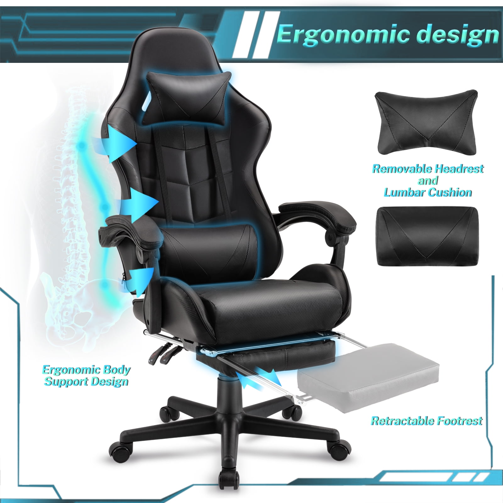 Luxvie Gaming Chair with Footrest High Back Office Chair with Headrest&Massage Lumbar Support Swivel Ergonomic Gaming Chair for Adults, Black