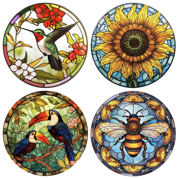 4 piezas vidrieras adhesivas anticolisión pájaro girasol abeja ventana pegatinas extraíbles vinilo no adhesivo