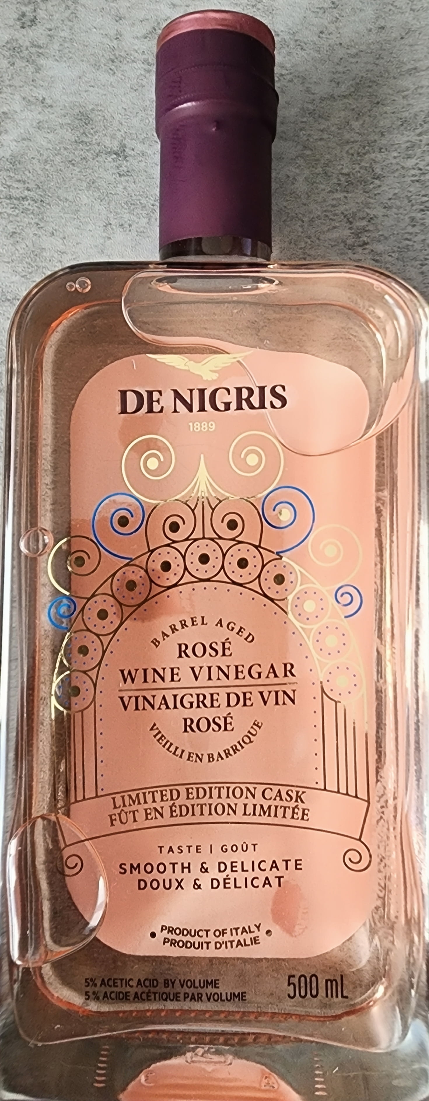 De Nigris Rose Wine Vinegar (Vinaigre de Vin Rosé) Smooth & Delicate