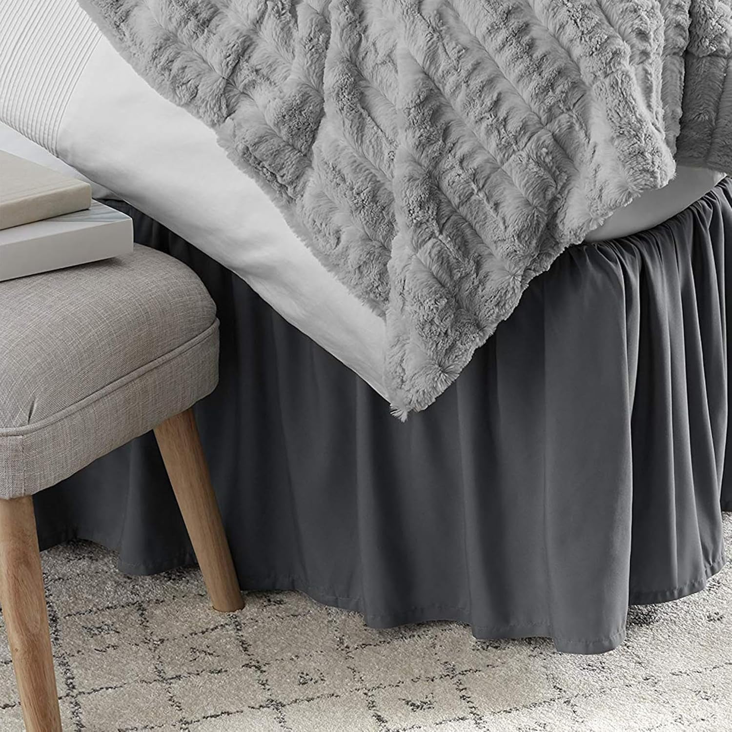 Ruffled Bed Skirt, Lightweight Dust Ruffle Bed Skirts with Platform, Multiple Sizes Soft Bed Skirt for Bedroom,Hotel (Dark Grey, King（76x80 in） 14")