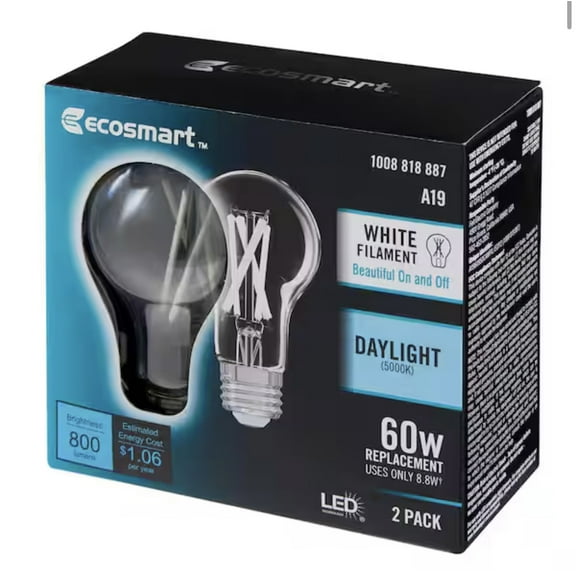 EcoSmart 60-Watt Equivalent A19 Dimmable White Filament CEC Clear Glass E26 Medium Base LED Light Bulb, Daylight 5000K (2-Pack)