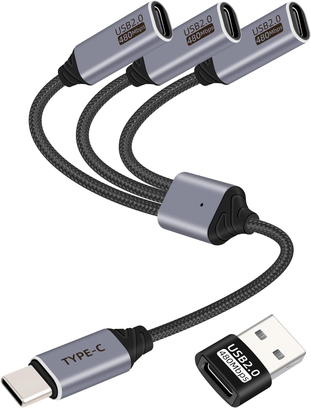 HRTGFD-USB C Splitter 1 in 3 Out,USB Type C Splitter,Type C Male to 3 Type C Female Extension Cord,USB C Power Cabler Extender Hub Support USB 2.0 for Charging and Data Transfer (26CM)