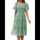 thumbnail image 2 of Vestido Midi Informal de Verano para Mujer, con Mangas Abullonadas, Cuello Cuadrado y Fruncido Verde M, 2 of 9