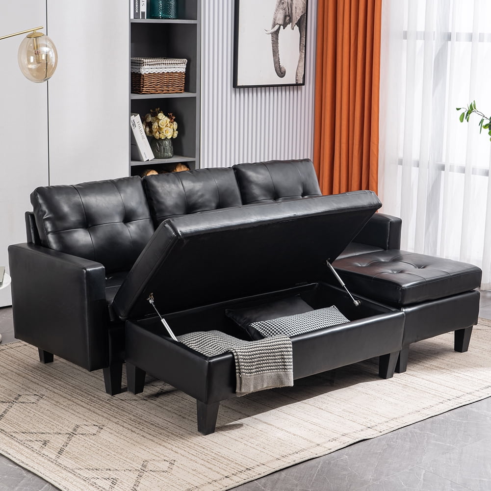 Lowestbest Solid Wood Upholstered PU Sofa, L-Shaped Minimalist Nordic Style Indoor Sofa, Black Lowestbest Solid Wood Upholstered PU Sofa, L-Shaped Minimalist Nordic Style Indoor Sofa, Black