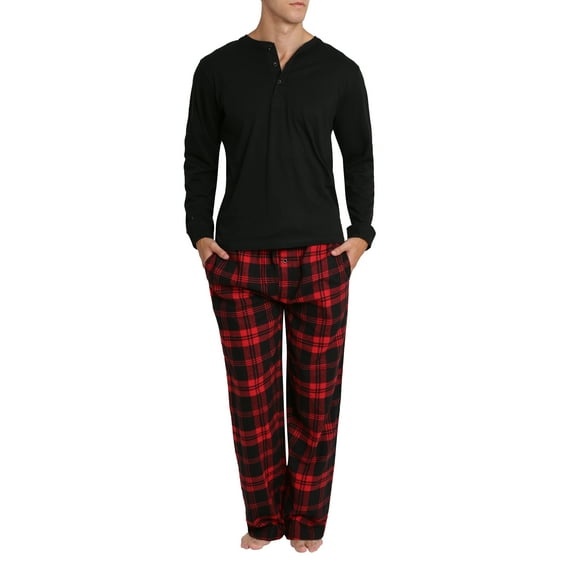 Adult Men's Flannel Pajama Jammies Big Tall Pant Long Sleeve Cotton Button Down PJ Shirt Set Black Black Red Plaid S