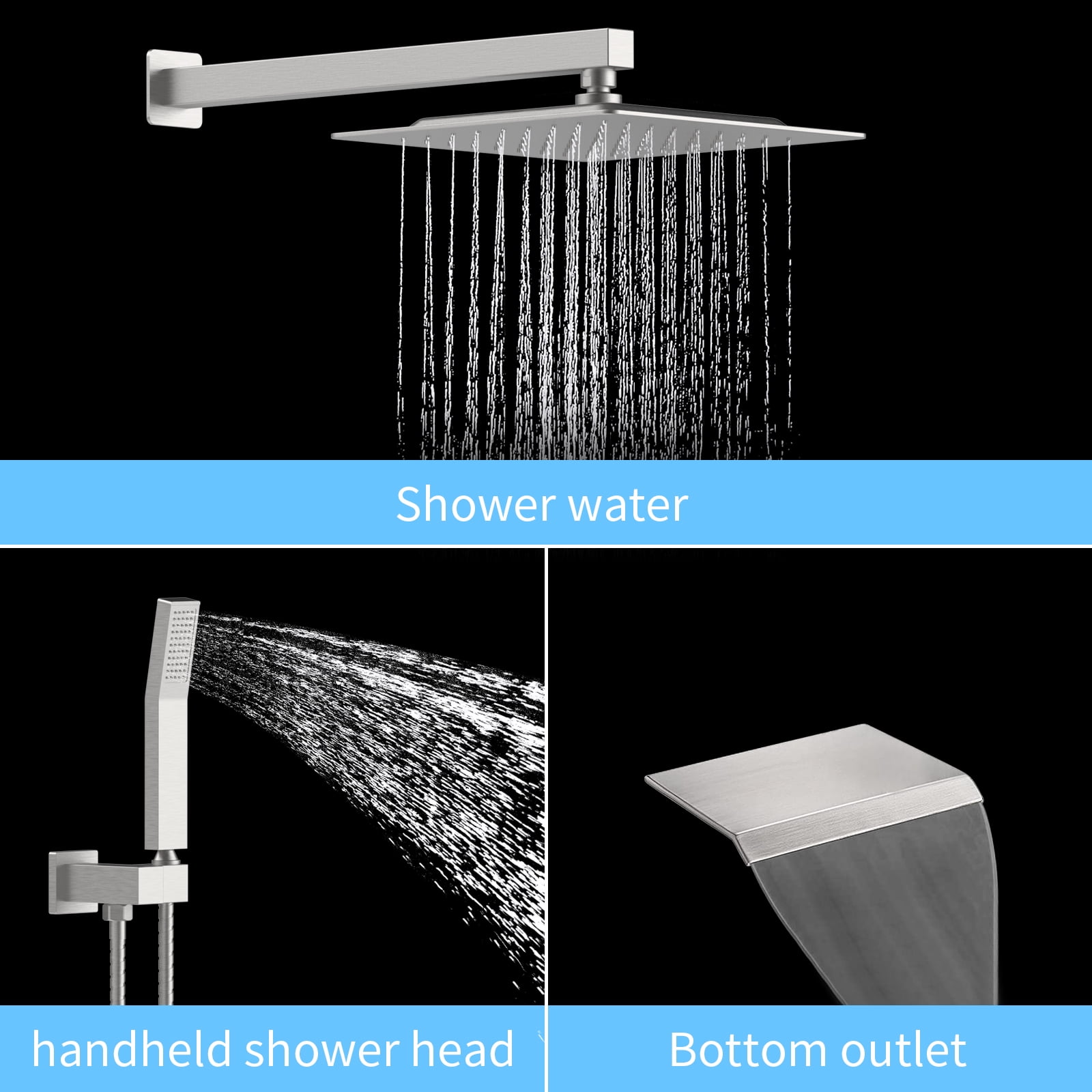 Rain Shower System Brushed Nickel Tub Shower Faucet Set 10 Inch Square Rainfall Shower Head with Handheld Sprayer and Waterfall Tub Spout[Unable ship on weekends,+usps/fedex]