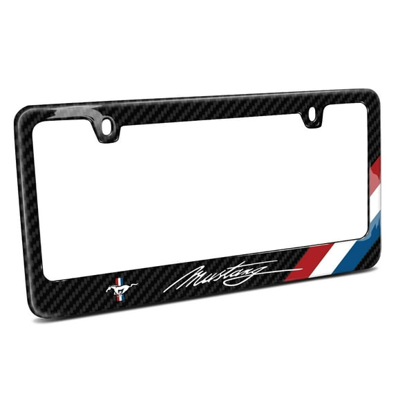 Ford Mustang Script USA Flag Stripes Black Real Carbon Fiber License Plate Frame