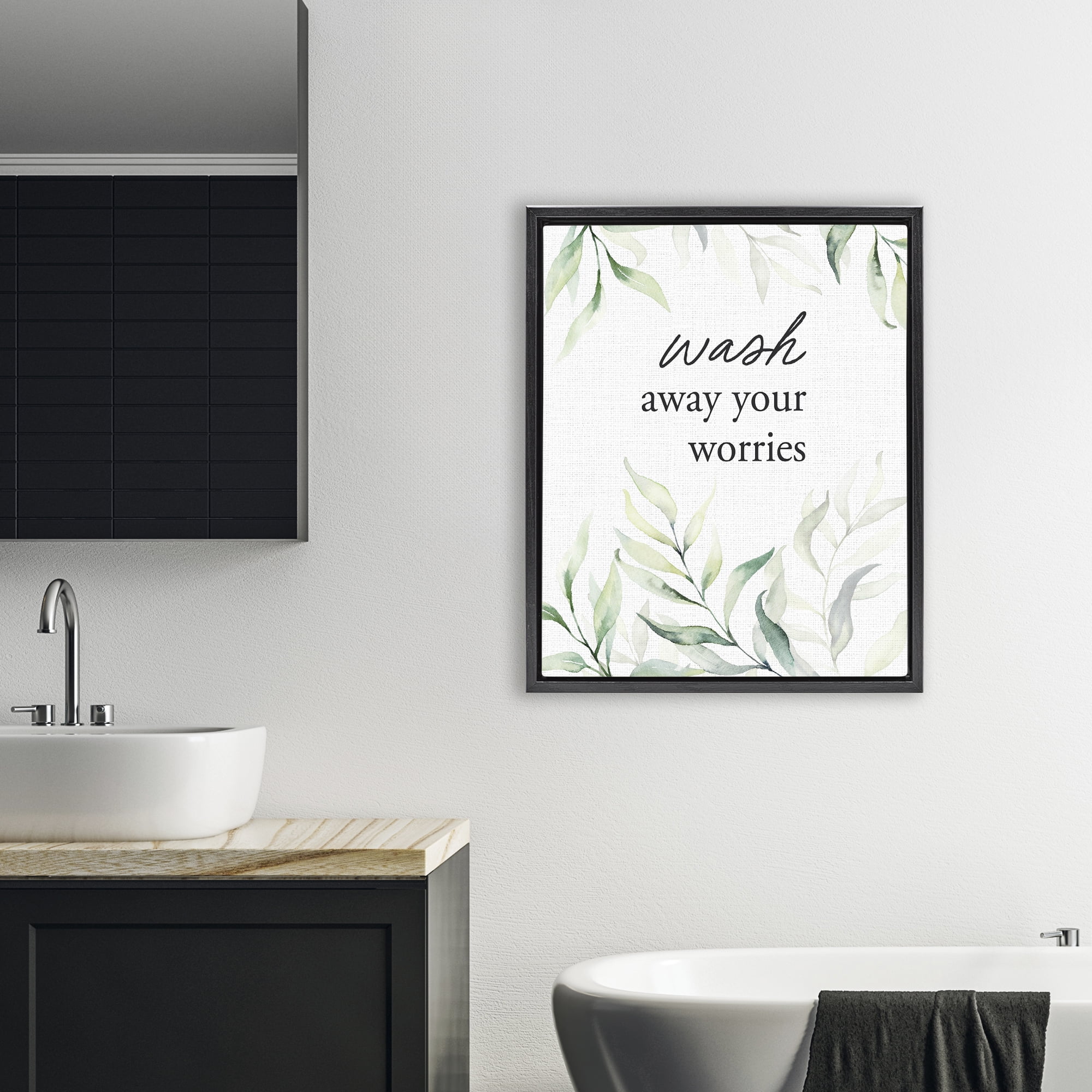 Wash Away Worries Greenery Black Framed Floater Canvas Wall Art, design by Lettered and Lined