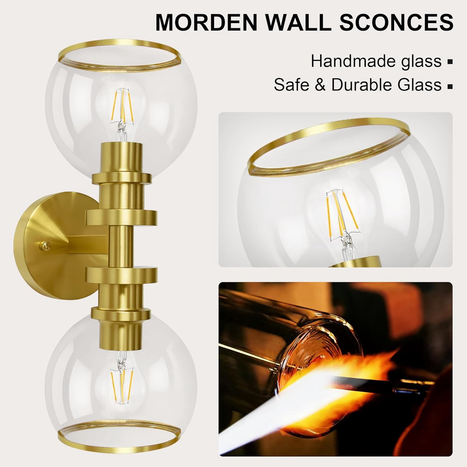 RGHJAR-Bathroom Sconces Set of Two, Brushed Gold Wall Sconces with Clear Glass, Hardwired Modern Sconces Wall Decor Set of 2, Wall Light Fixtures for Bathroom Living Room Mirror Hallway Bedroom