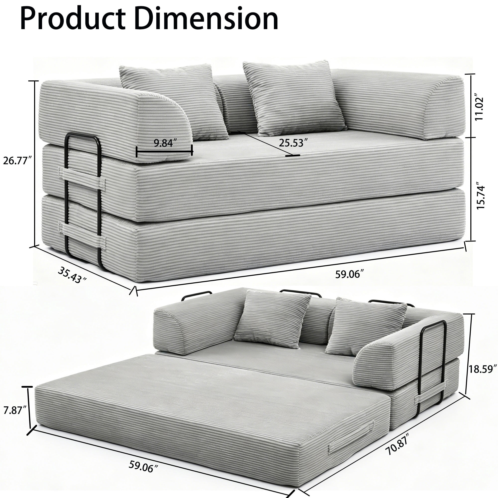 BSHTI 59" Corduroy Convertible Sleeper Sofa Bed with Cylindrical Pillow, No Assembly, Small Space for Living Room（Light Gray）