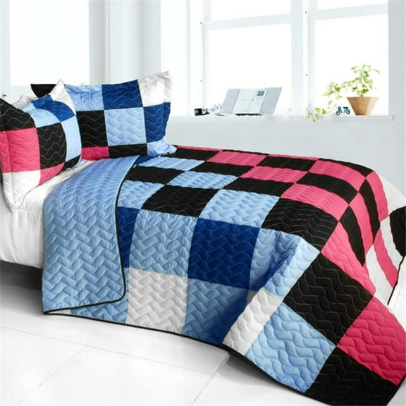 ONITIVA-QTS01478-23 Ice Fire - 3 Pieces Vermicelli - Quilted Patchwork Quilt Set  Full & Queen Size - Blue