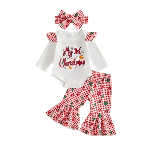 Loicainy Infant Baby Girls Christmas Outfit 3 6 9 12 18 Months Letters Print Romper with Plaid Pants Headband Clothes Set