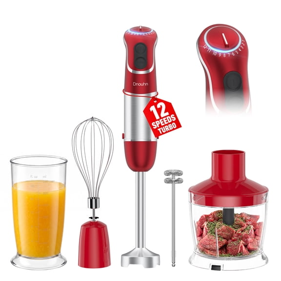 DNOUHN Immersion Blender 5 in 1 Hand Blender, 800W 12 Speed Handheld Blender Stainless Steel Blade, Mixing Beaker, Chopper, Whisk, Milk Frother, Soup, Smoothies, Baby Food, Sauce, Red