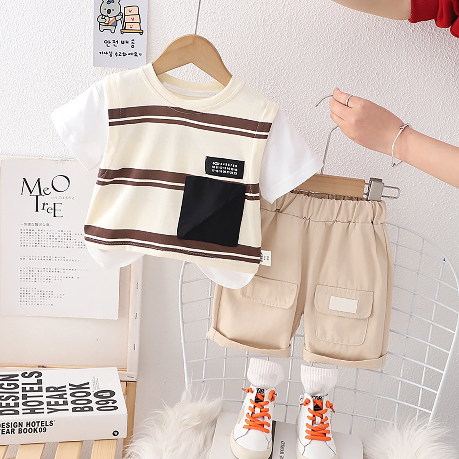 LNMQLPDBS Baby Boys' Clothing Sets Striped Short Sleeve Crewneck T Shirt with Pocket + Solid Color Shorts 2pcs Outfits Toddler Boys Clothes 3 Year Old Boy Gifts Summer Casual Set for School Daily