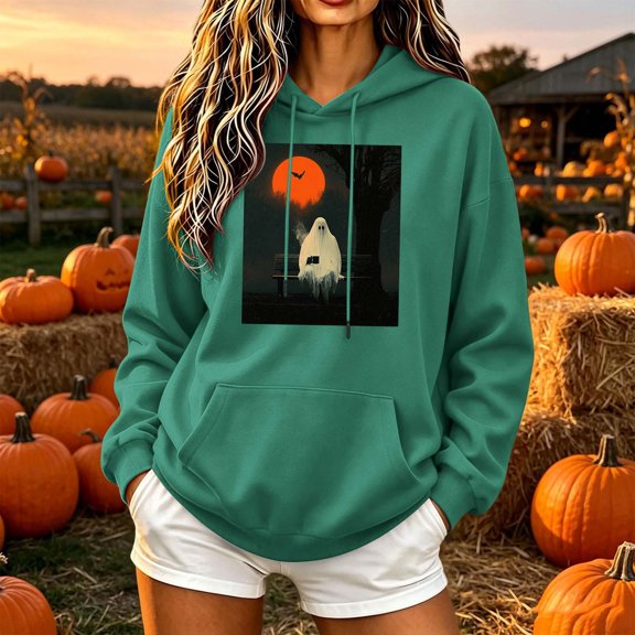 Sokhug Hooded Sweatshirt Halloween Graphic Print Pullover Tops for Women Casual Drawstring Hoodie Long Sleeve with Pocket Hoodie Sweatshirts Tops