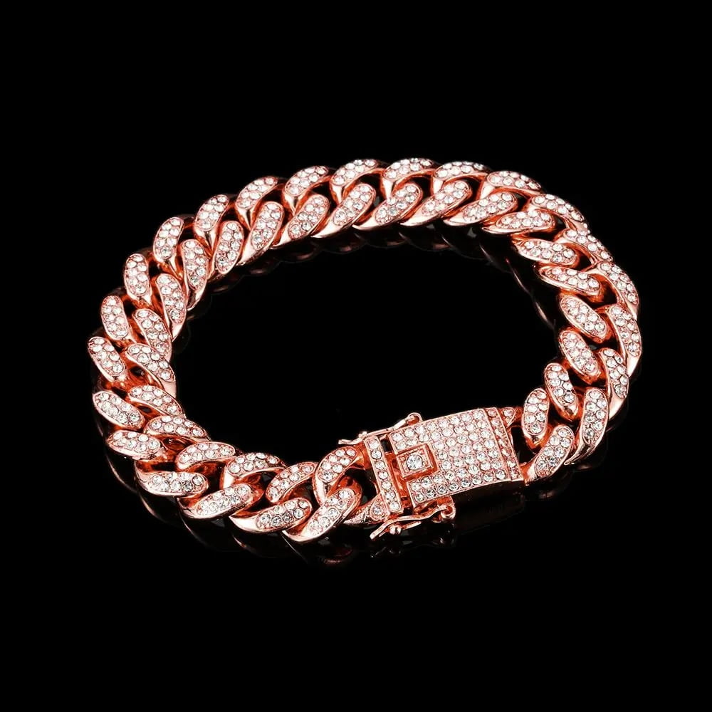 HipHop Men Women 13MM Prong Cuban Link Chain Bracelet Bling Iced Out 2 Row Rhinestone Paved Miami Rhombus Cuban Chain Jewelry SIHAO Walmart