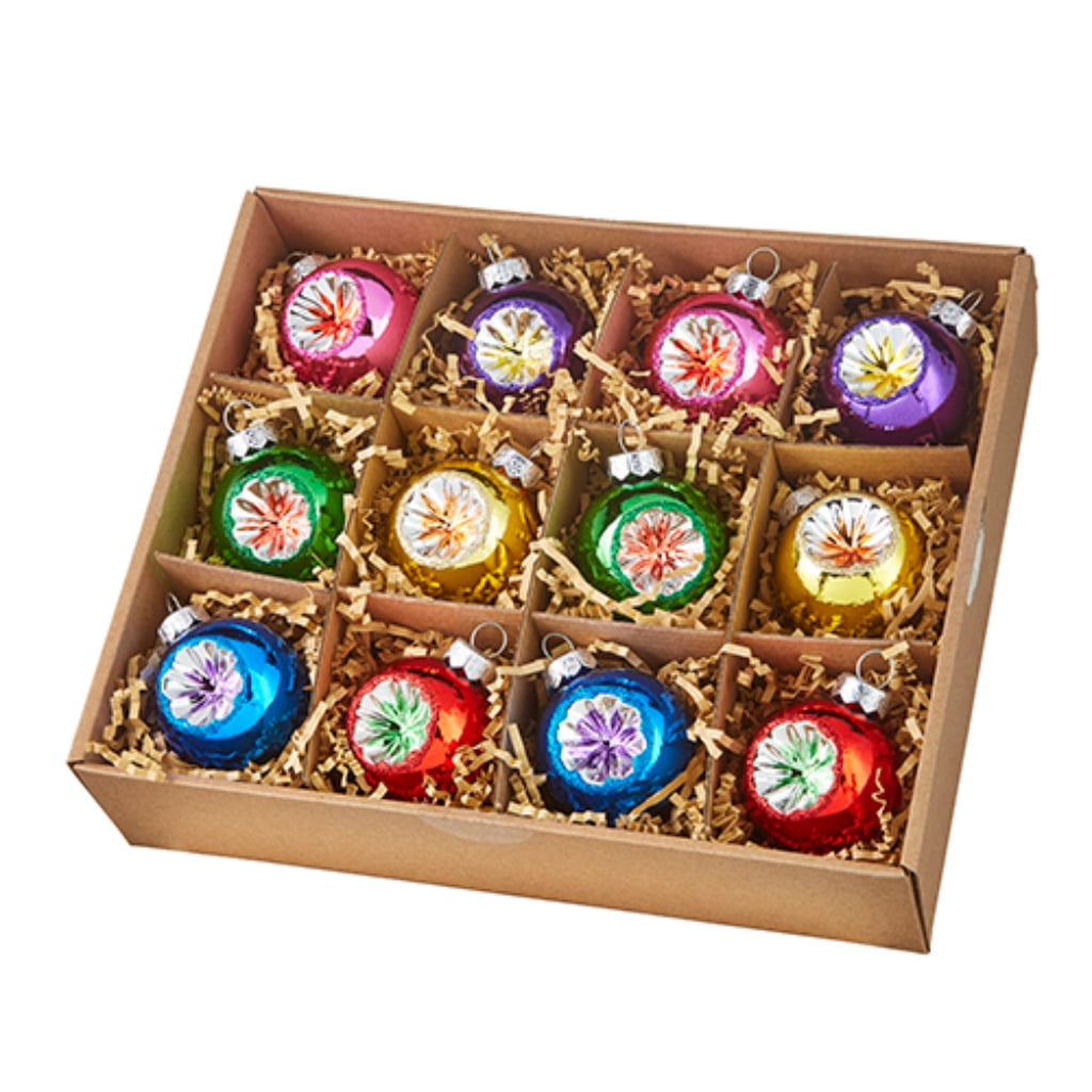 Raz Imports Box 12 Multicolor Vintage Reflector Glass Christmas Ornaments 2 Inch