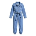 thumbnail image 6 of Kctiaxy Women's Jumpsuits Long Sleeve Turndown Collar Belt Ties Denim Rompers Solid Fashion Jogger Jeans, 6 of 6