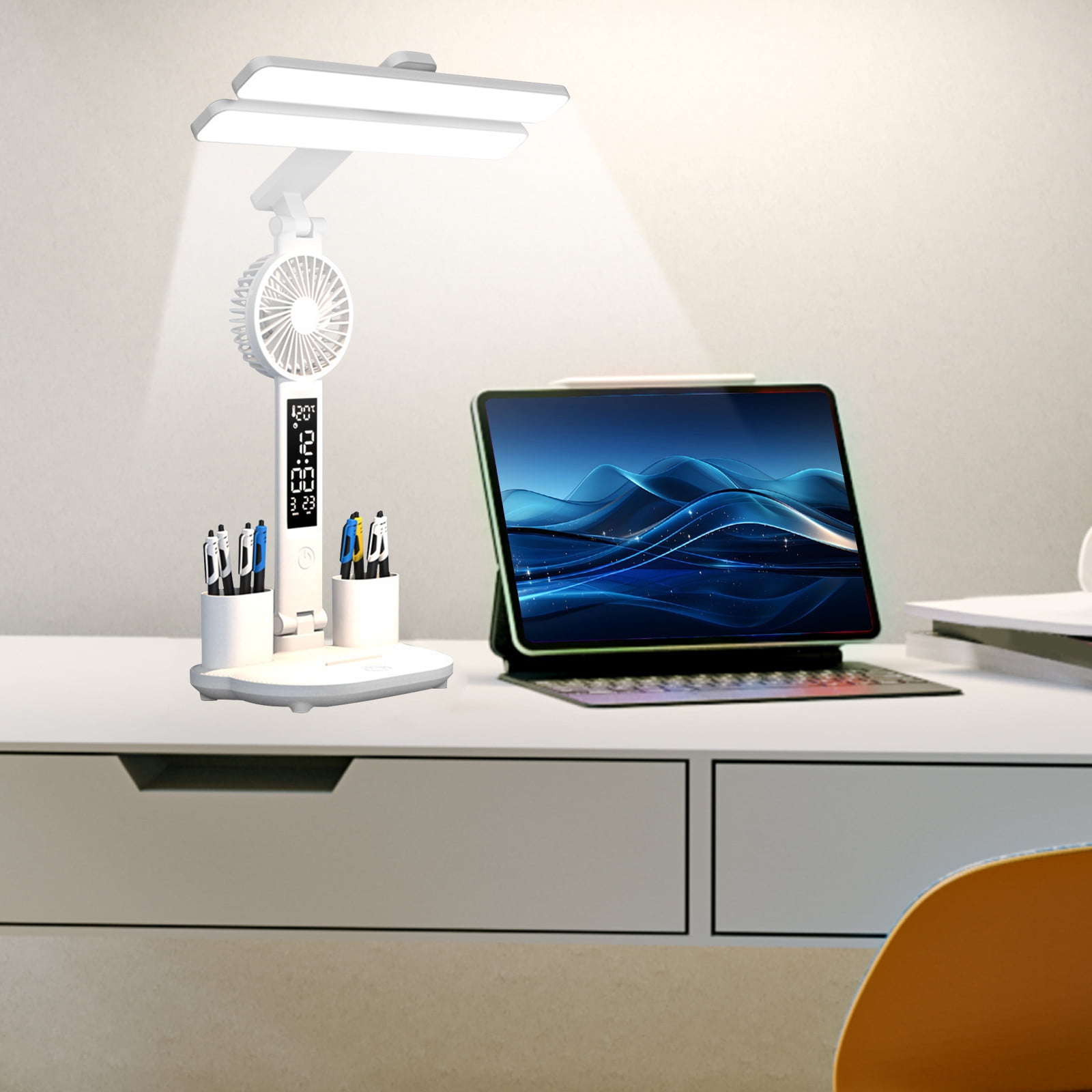 LED Desk Lamp with Pencil Sharpener | Foldable Eye-Care Reading Light | Adjustable Angle | Pen Holder Organizer | Type-C Rechargeable 2000mAh Battery | White | 13.39"x11.02"x6.89"