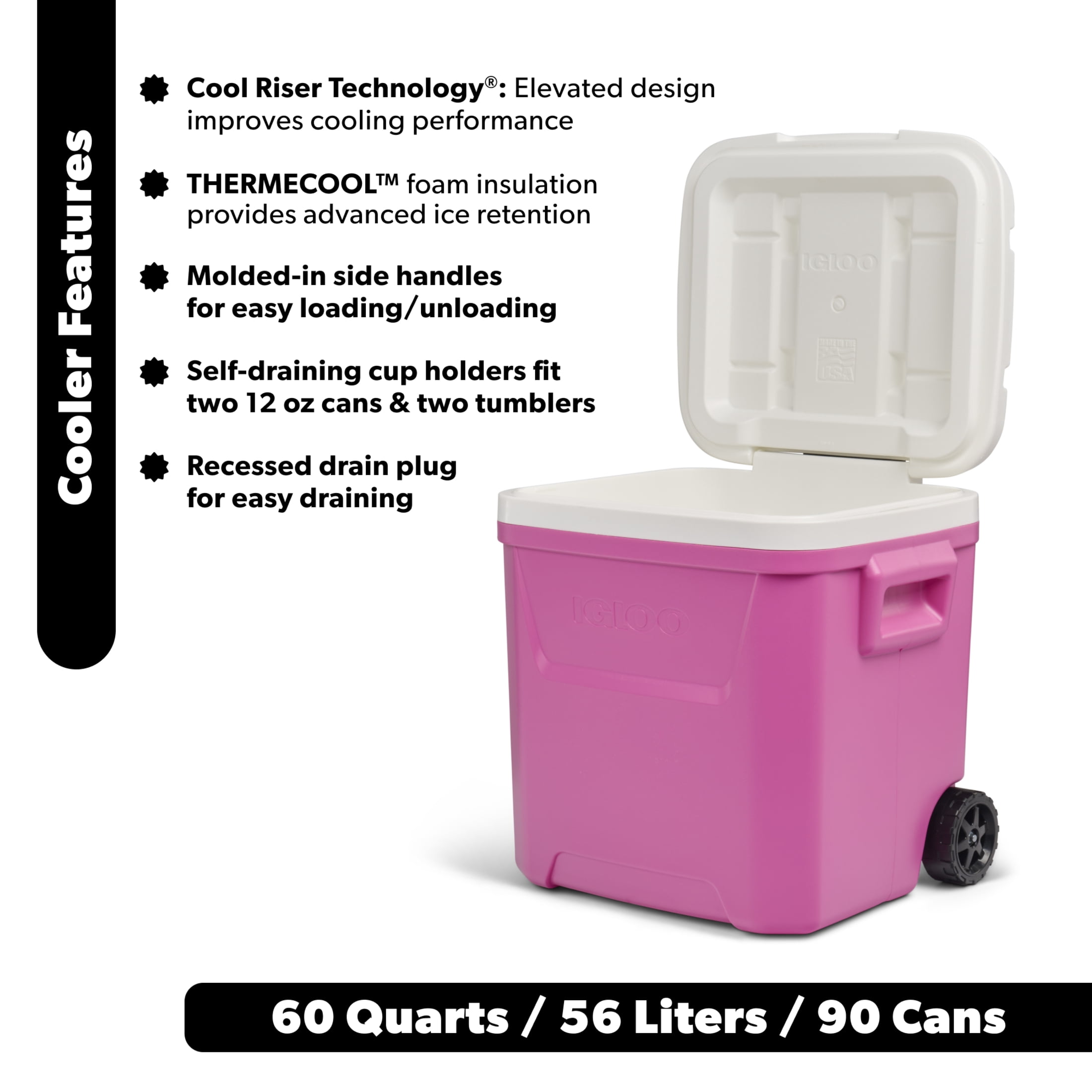 Igloo 60 QT Laguna Ice Chest Cooler with Wheels, Pink