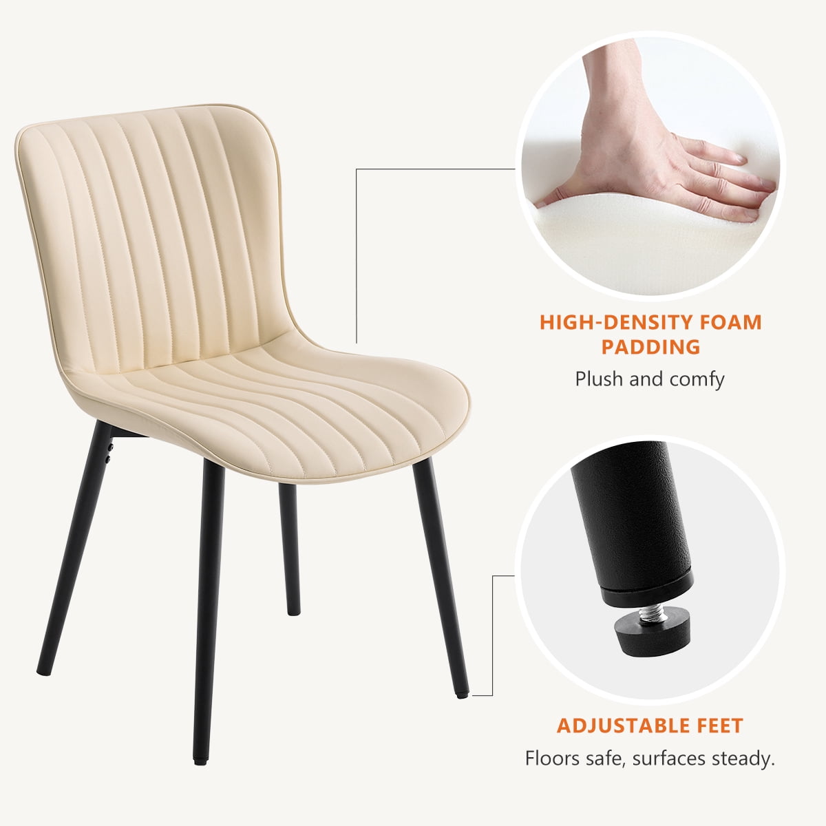 Modern Dining Chairs Set of 4, PU Leather Upholstered Kitchen Side Chairs with High Backrest, Heavy Duty, Cushions & Durable Metal Legs with Adjustable Feet for Kitchen, Dining Room,Restaurant,Beige
