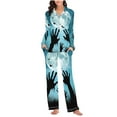 thumbnail image 3 of Women's Halloween Pajamas Set Lapel Button Long Sleeve Tops With Pocket Elastic Waist Pants Print Sleep & Lounge Wear (M, Light Blue), 3 of 5