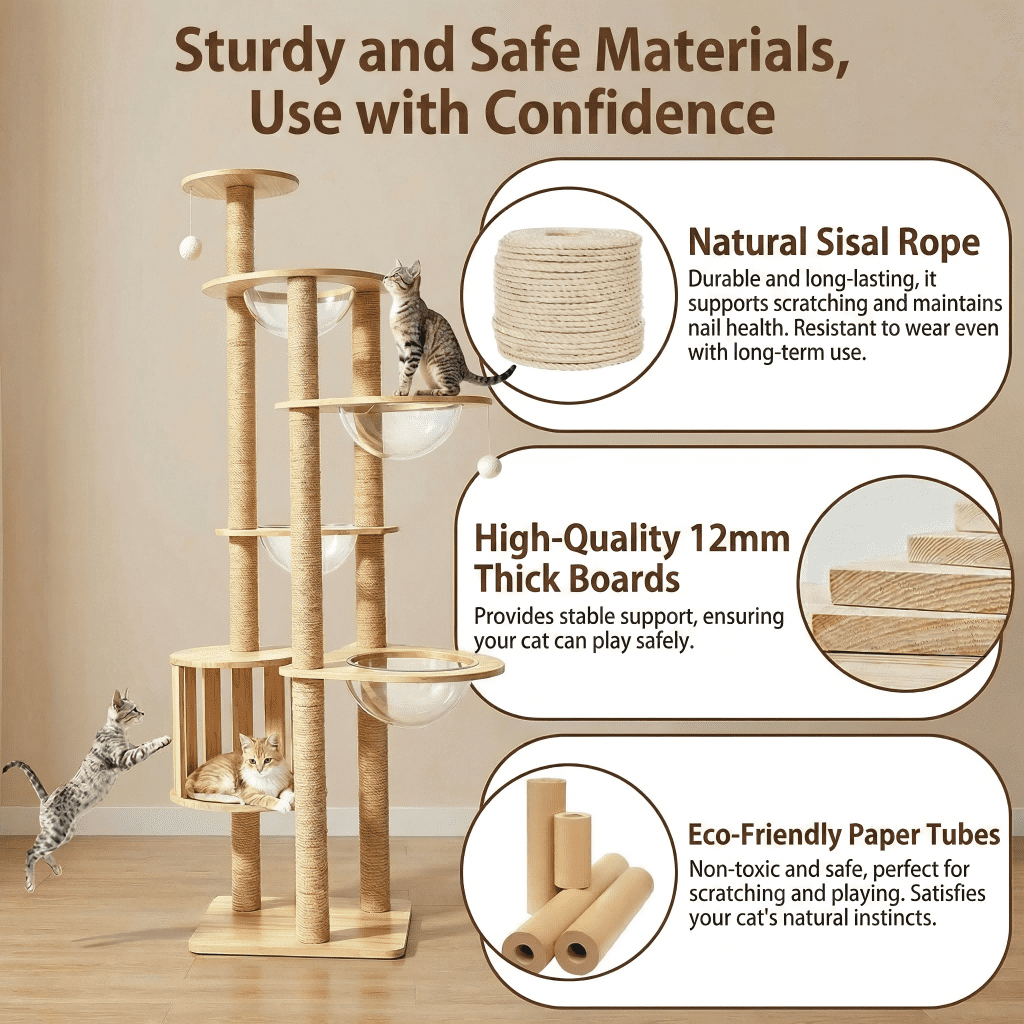 Mekidulu 72in Wood Cat Tree Tower with 4 Feeding Bowls and 12 Sisal Posts, Indoor Condo, Natural
