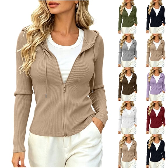 Women's Winter Slim Fit Full-Zip Hoodie with Drawstring - Long Sleeve Soft Casual Loungewear Top Khaki S