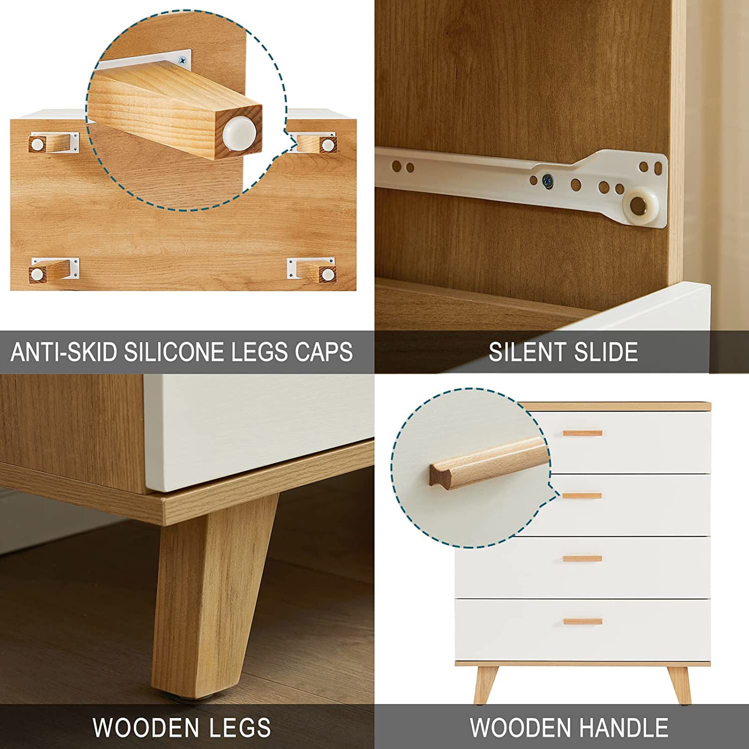 Resenkos Mid-Century Modern 4 Drawers Wooden Dresser Chest of Drawers Clothes Organizer, Rosewood&White