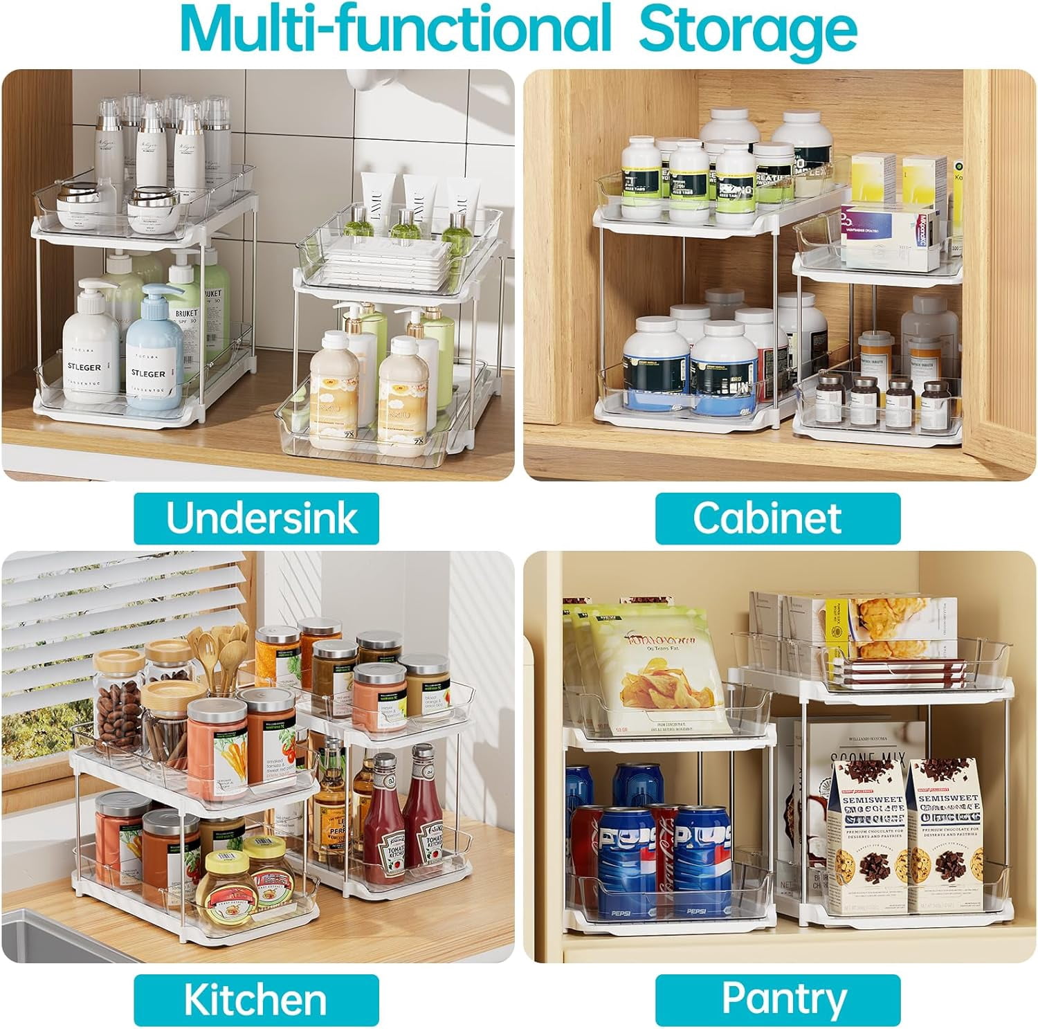 3 Pack 2-Tier Bathroom Under Sink Organizers and Storage, Multi-Purpose Stackable Pantry Organization and Storage, Pull Out Clear Kitchen Bathroom Cabinet Organizer with Movable Dividers, White
