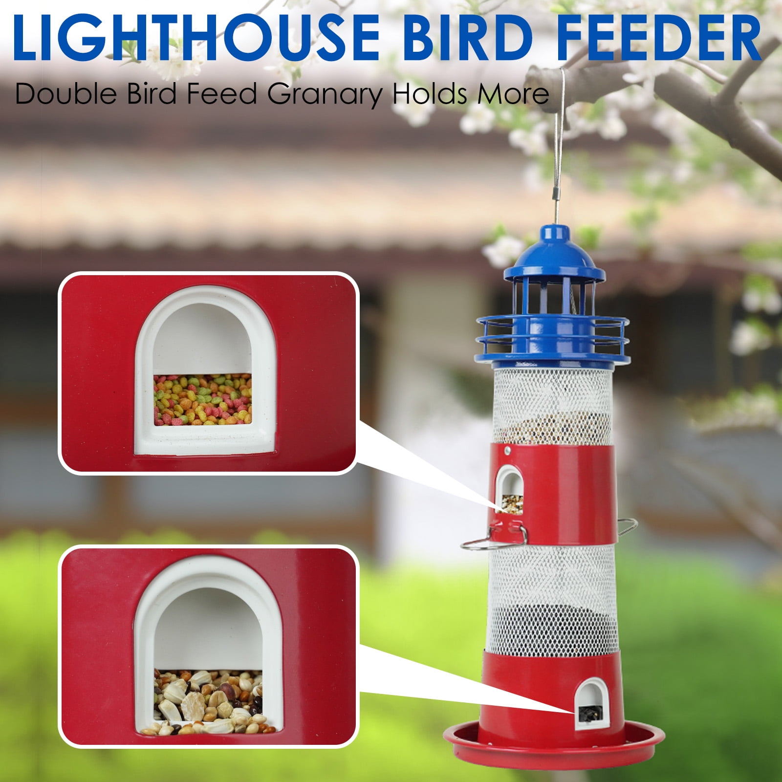 Birdkiss Wild Bird Feeder for Outdoors Hanging, Metal Squirrel-Proof Bird Seed Feeder with 4 lbs Large Capacity Layerable for Cardinal, Finch, Sparrow, Blue Jay - Blue & Red