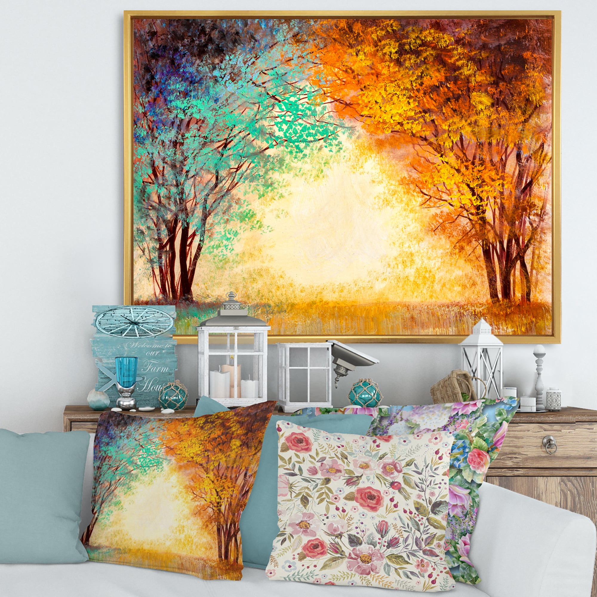Designart 'Alley Through The Turquise Park In Autumn Sunset ' Traditional Framed Canvas Wall Art Print