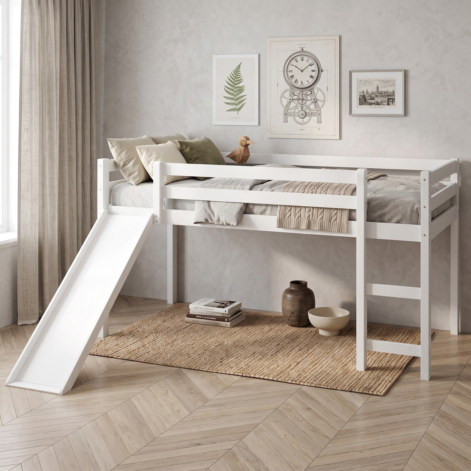 Furnibear Twin Size Low Loft Bed with Slide and Ladder for Kids Bedroom, Sturdy Wood Loft Bed Frame with Guardrails, Space-Saving, White