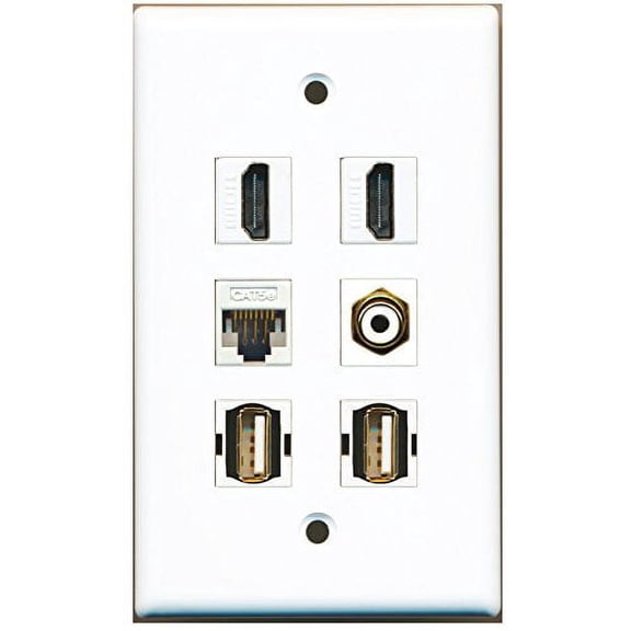 RiteAV - 2 HDMI 1 Port RCA White 2 Port USB A-A 1 Port Cat5e Ethernet White Wall Plate